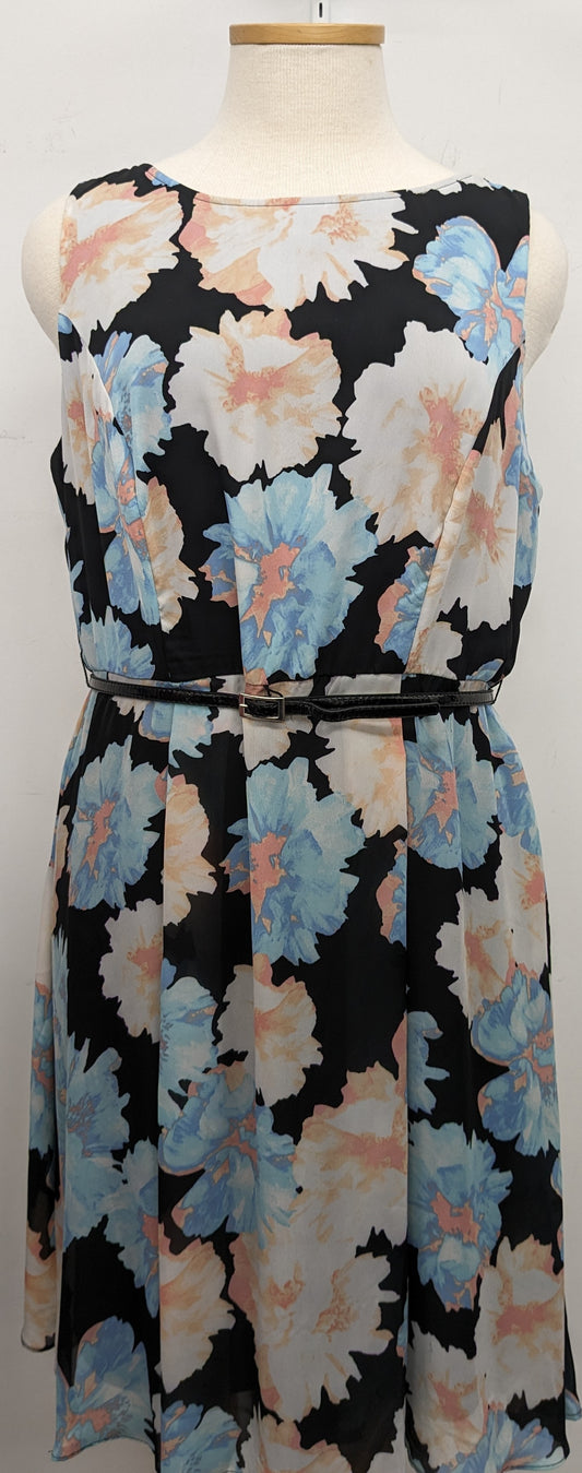 NEW! RN Studio 2XL black dress with floral prints & belt