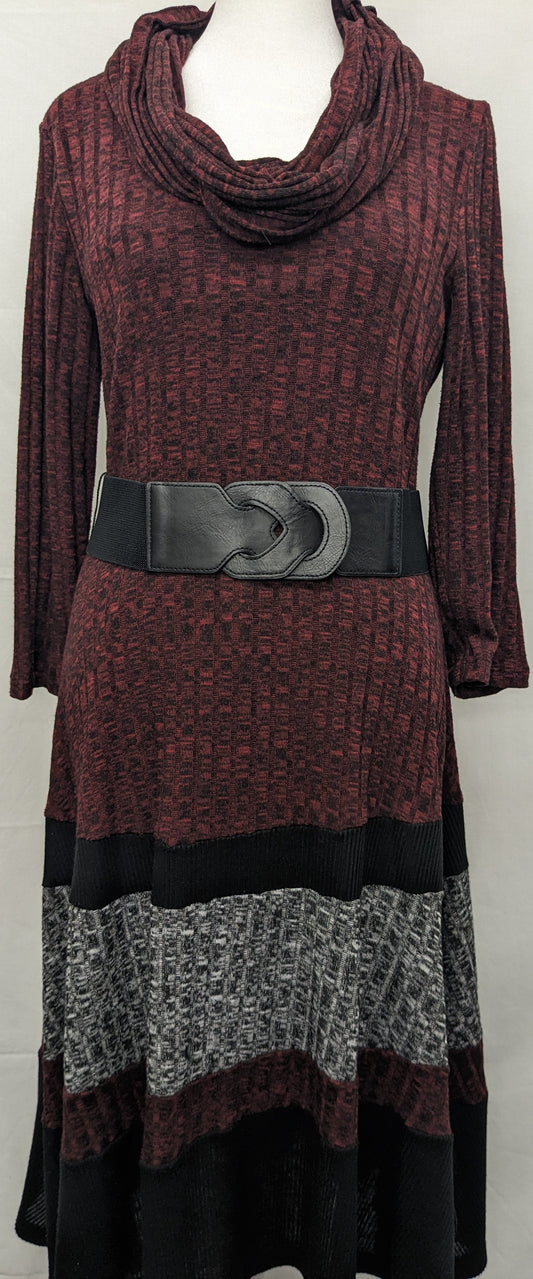 Westport 1962 med. belted dress maroon, black,grey