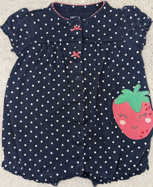 Carters 0-3m navy blue romper w/ polka dots