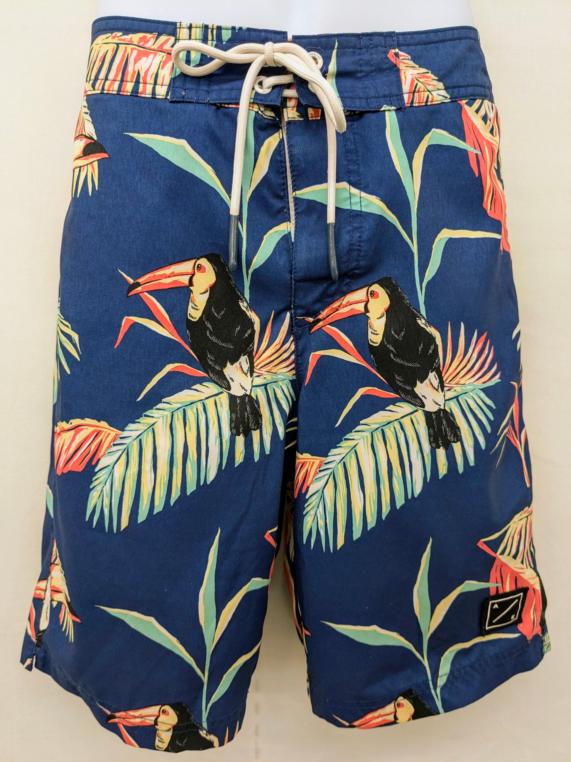 American Eagle XS dark blue swim trunk w/ birds and leaves