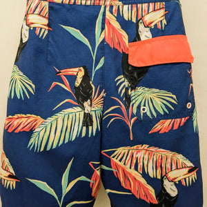 American Eagle XS dark blue swim trunk w/ birds and leaves