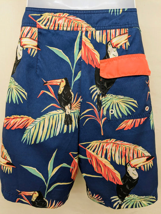 American Eagle XS dark blue swim trunk w/ birds and leaves