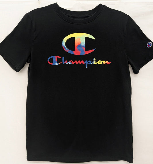 Champion 14/16 black shirt w/ multi-color logo